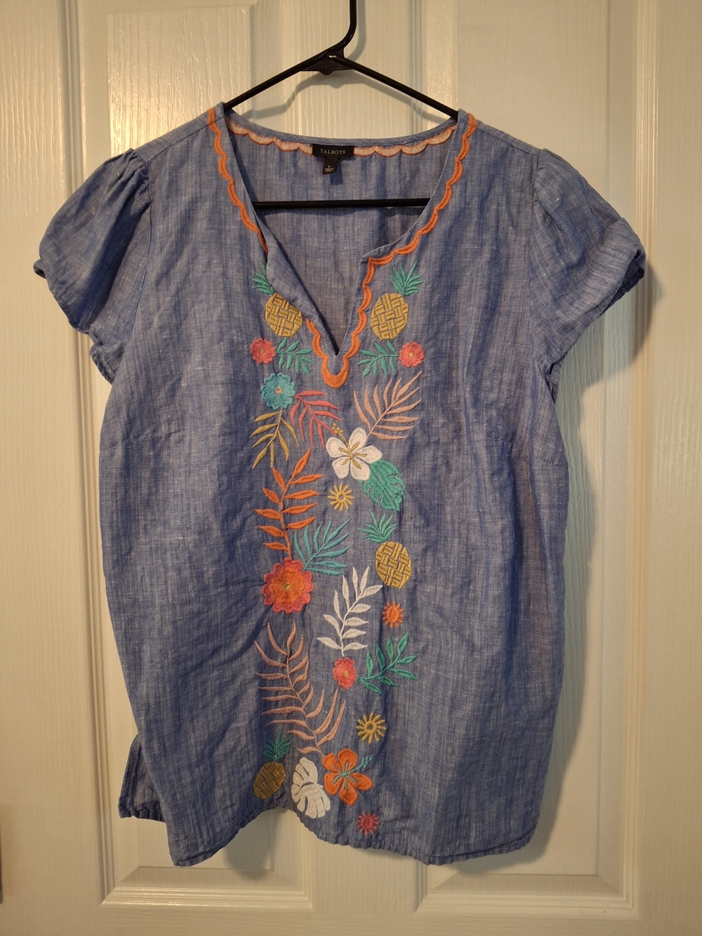 Talbots Blue Embroidered Tropical V-Neck Tunic